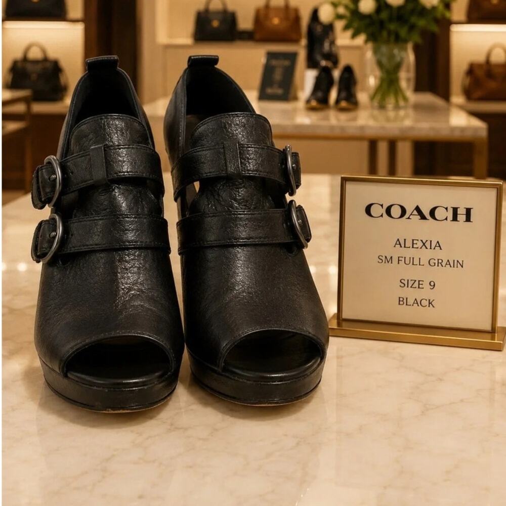 COACH Black Leather Peep Toe Heels Double Buckle Straps Women’s Size 9 Box